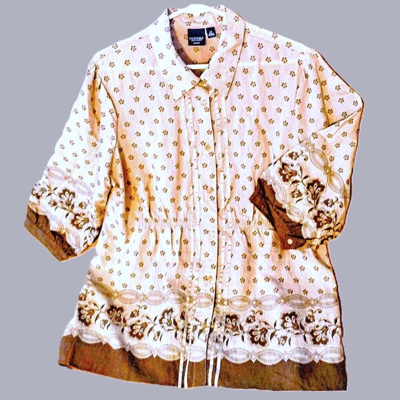 SONOMA Life+Style Women's Button 3/4 Sleeve 1X Shirred Blouse - Tan/Brown Border - Picture 1 of 9